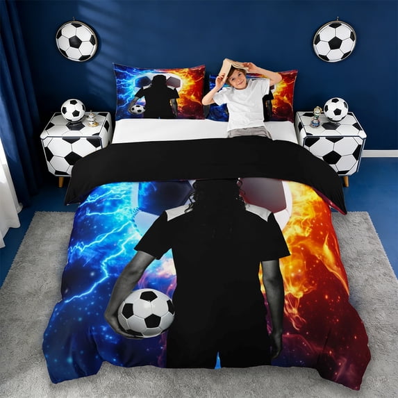 Erosebridal Soccer Ball Games Kids Queen Duvet Cover Set For Football Lovers,Orange Blue Black Bedding,Reversible Black 3-Piece,No Comforter