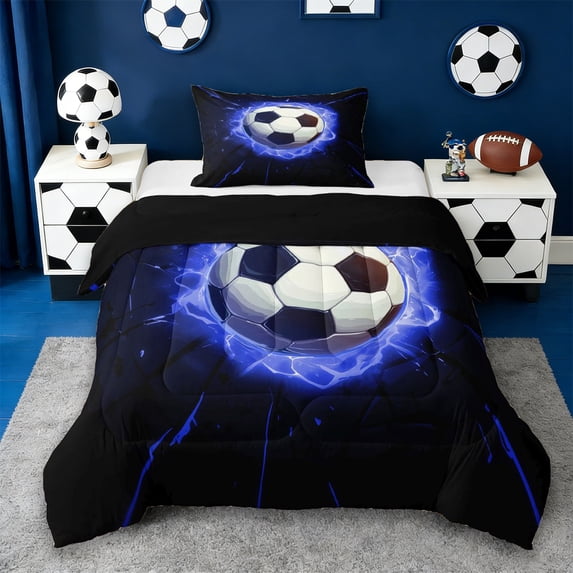 Erosebridal Soccer Ball Games Kids Twin Comforter Sets,Black Blue Bedding Set For Football Lovers,Reversible Black 2 Pieces