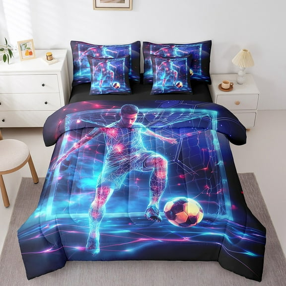 Erosebridal Soccer Bedding Sets Twin Size,Geometry Lines Comforter Sets with Sheets,Sports Theme Decor,Reversible,Breathable,7-Piece