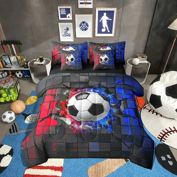 Erosebridal Soccer Bedding Sets Twin Size,Sport Theme Comforter Sets with Sheets,Black Reversible,7pcs
