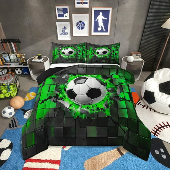Erosebridal Soccer Bedding Twin Comforter Set,Green Sqare Down Comforter,Geometric Room Decor,2-Piece