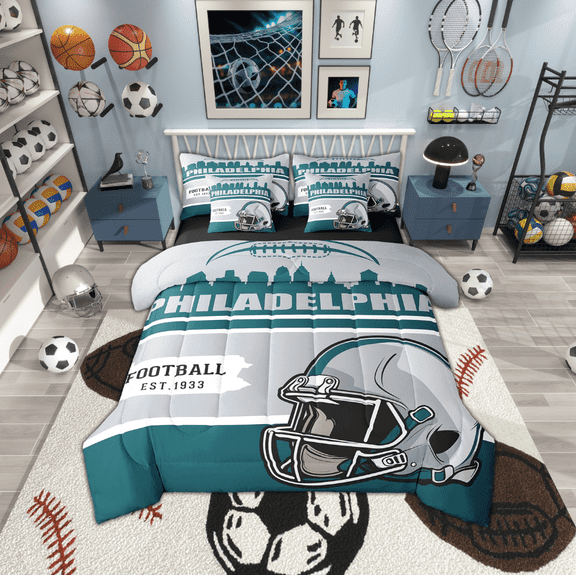 Erosebridal Soccer City Bedding Sets, American Football Comforter Sets with Sheets, Vintage Rugby Reversible Bed Sheets Set, Lightweight Room Decor, 7 Pieces