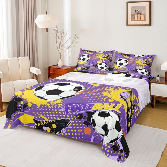 Erosebridal Soccer Cleat Bed Sheets, Purple Yellow Watercolor King Sheets for Boys and Girls, 4-Piece