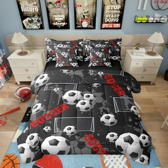 Erosebridal Soccer Comforter 7 Pieces Bed In A Bag Queen Size Football Bedding Set Teens Black Sports Court Sheet Set Ball Gaming Theme Flat Sheet Bedroom Decor