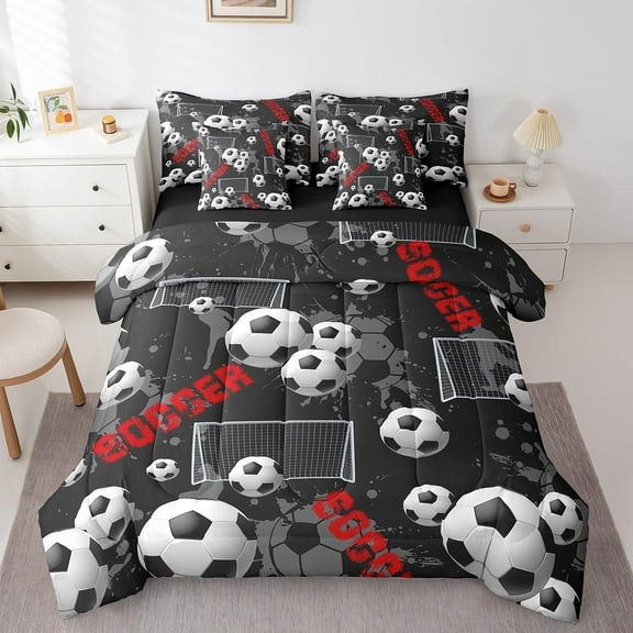 Soccer Comforter 7 Pieces Bed In A Bag Twin Size Football Bedding Set Teens Black Sports Court Sheet Set Ball Gaming Theme Flat Sheet Bedroom Decor