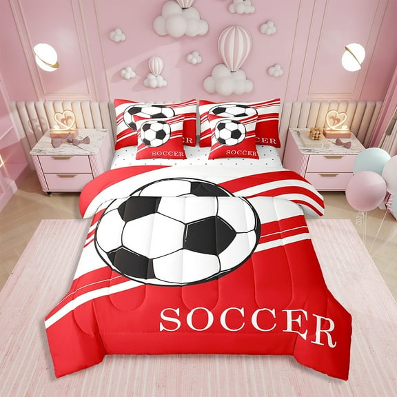 Erosebridal Soccer Comforter Set Twin 7 Pcs Football Red White Black Geometric Stripes Bedding Set Soccer Ball Game Sports Theme Bed in a Bag with Comforter,Sheets