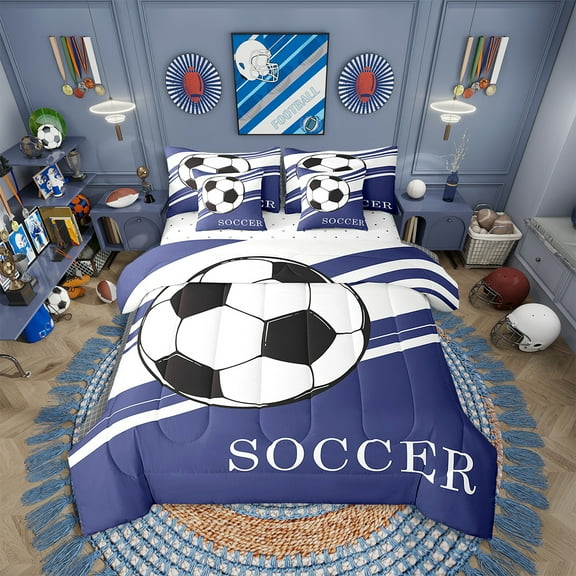 Erosebridal Soccer Comforter Set Twin 7 Pcs Football Purple White Black Geometric Stripes Bedding Set Soccer Ball Game Sports Theme Bed in a Bag with Comforter,Sheets