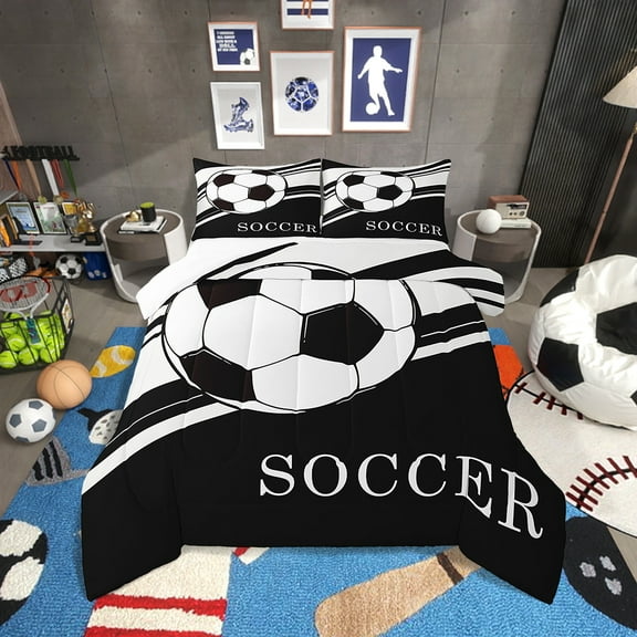 Erosebridal Soccer Comforter Set Twin Size Football Bedding Set Black White Geometric Stripes Comforter Soccer Ball Game Sports Theme Quilt Set
