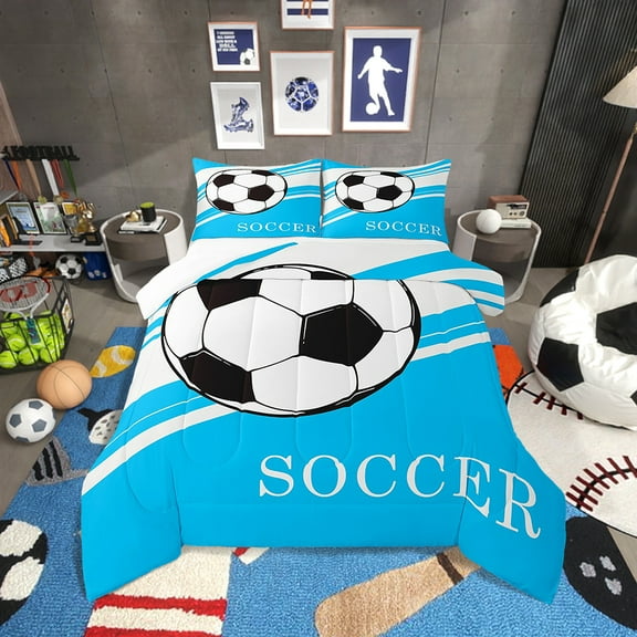 Erosebridal Soccer Comforter Set Twin Size Football Bedding Set Teal White Black Geometric Stripes Comforter Soccer Ball Game Sports Theme Quilt Set