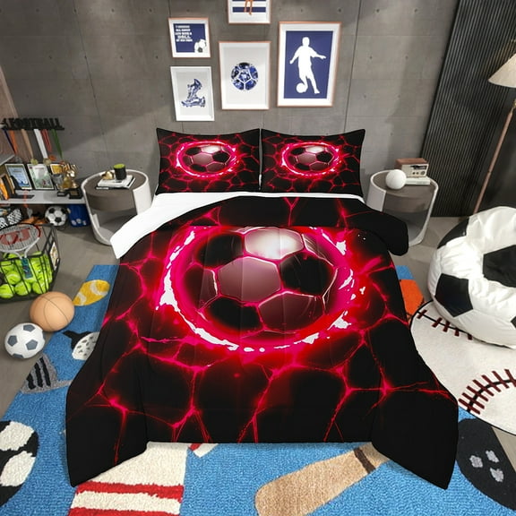 Erosebridal Soccer Comforter Set Twin Size Football Games Bedding Set Pink Geometric Stripes Comforter Sports Theme Quilt Set
