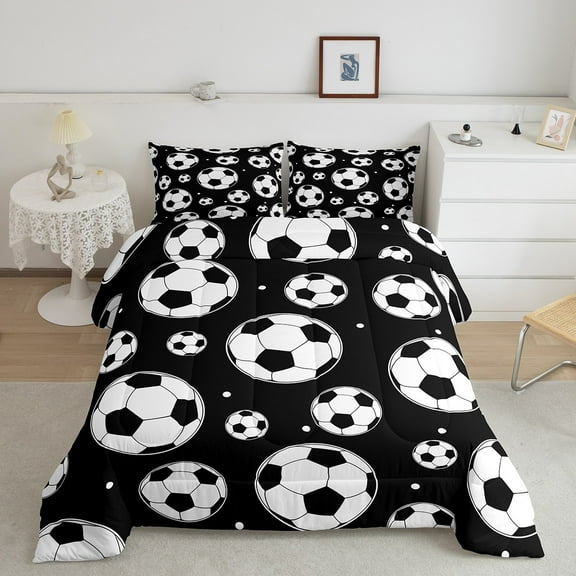 Erosebridal Soccer Comforter Set Twin Size Football Games Bedding Set Polka Dots Black White Comforter Sports Theme Quilt Set