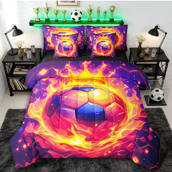 Erosebridal Soccer Gamer Bedding Comforter Set 7pcs for Kids Boys,Teens Sport Theme Flame Queen Bedding Sets,Black Reversible,Breathable Home Decor