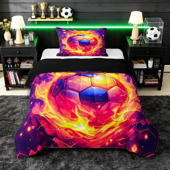 Erosebridal Soccer Gamer Twin Comforter Sets 3-Piece for Kids Boys,Teens Sport Theme Flame Bedding Set,Black Reversible,Breathable Home Decor