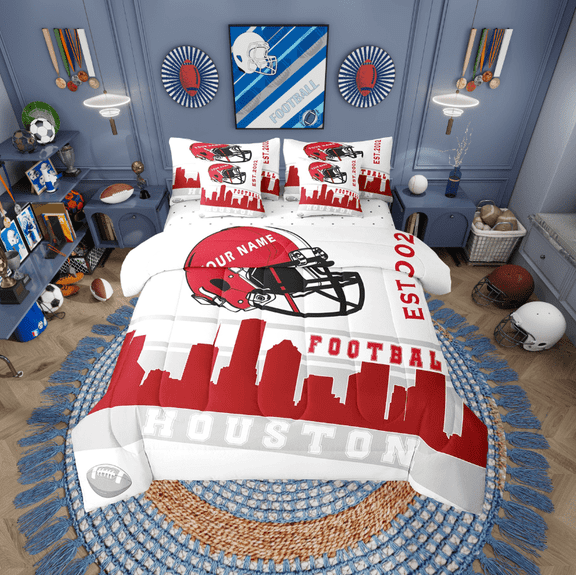 Erosebridal Soccer Helmet Bedding Sets Twin Size, Red Grey Comforter Sets with Sheets, Teenage Adult, Reversible 7-Piece
