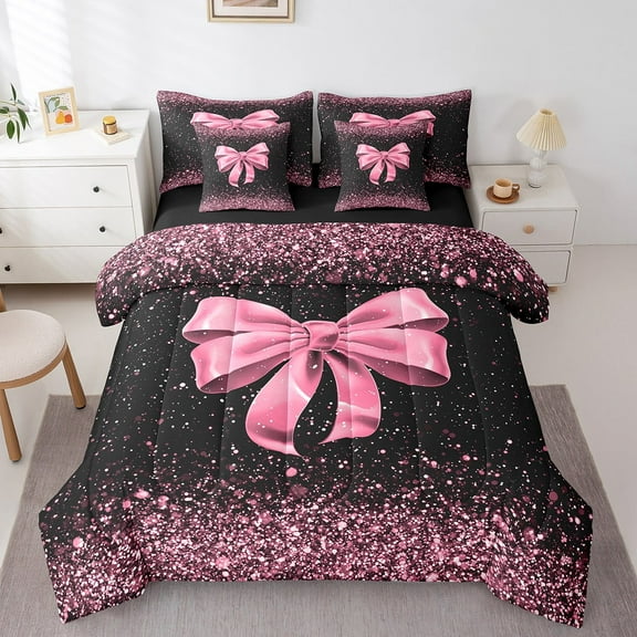 Erosebridal Kawaii Bow Bedding Sets King Size,Bling Print Bed in a Bag King size,Ultra Soft Reversible Bedding King Size,Sequin Print Decor,7 Pieces