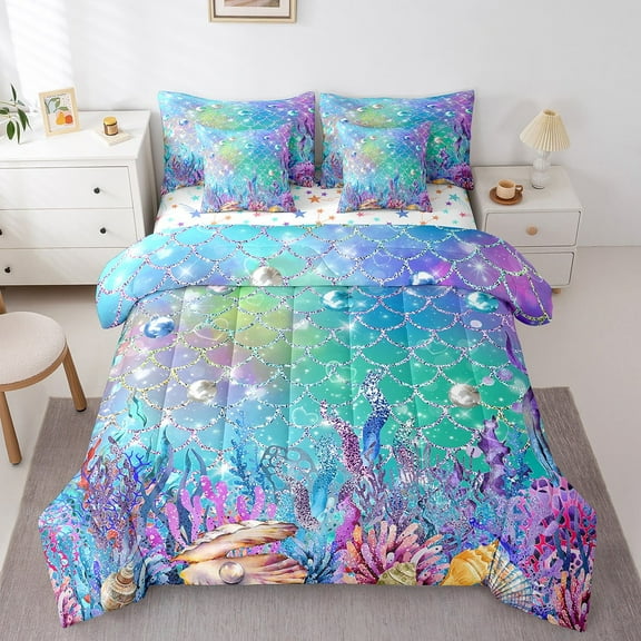 Erosebridal Mermaid Scale Bedding Sets King Size,Marine Ocean Bed in a Bag King size,Breathable Reversible Bedding King Size,Bling Decoration,7 Pieces
