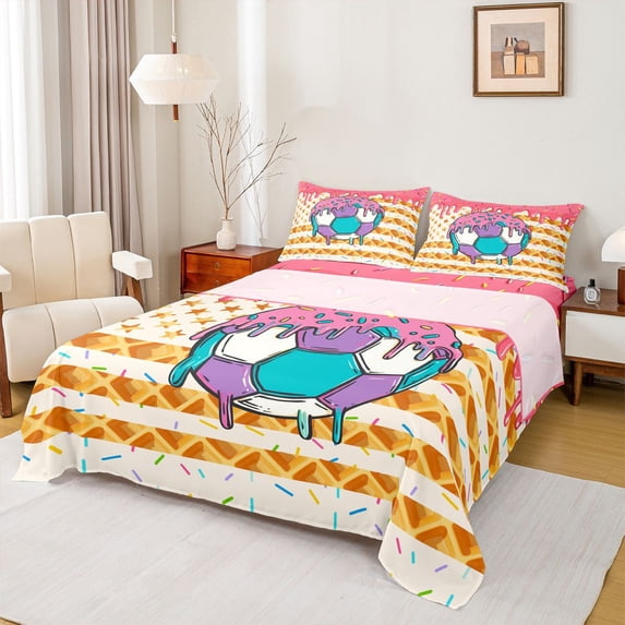 Erosebridal Soccer Ice Crem Drip Full Size Sheets, Waffle American Flag Bed Sheets, 1 Flat Sheet, 1 Fitted Sheet and 2 Pillowcases