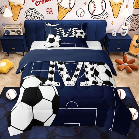 Erosebridal Soccer Letter M Kids Twin Comforter Sets, Blue Cartoon Bedding Set, 2 Pieces