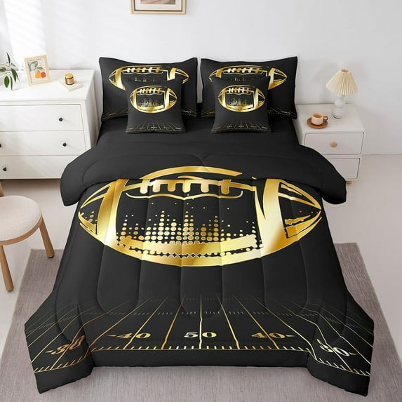 Erosebridal Soccer Print Bedding Set Sports Full Comforter Set 7-Piece, American Football Bedding Comforter Sets Black and Gold Bed in a Bag, Ball Game Bed Sheets Set