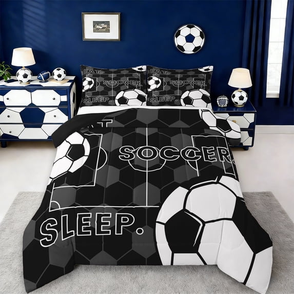 Erosebridal Soccer Sport Games Kids Full Size Comforter Sets,Football Lovers Bedding Sets For Boys Teens,Reversible Black 3 Pieces