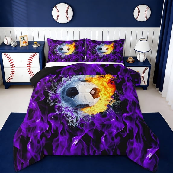 Erosebridal Soccer Sport Theme Full Size Comforter Sets,Football Game Bedding Sets For Ball Lovers,Reversible black,3pcs