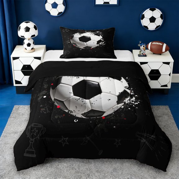 Erosebridal Soccer Sport Theme Twin Comforter Sets,Football Print Kids Bedding Set,Reversible Black 2 Pieces