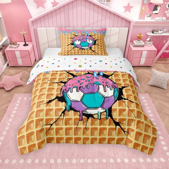Erosebridal Soccer Sport Twin Comforter Sets for Kids Boys Girls, Ice Cream Drip Waffle Bedding Set, Colorful Polka Dots Reversible, 1 Comforter and 1 Pillowcase