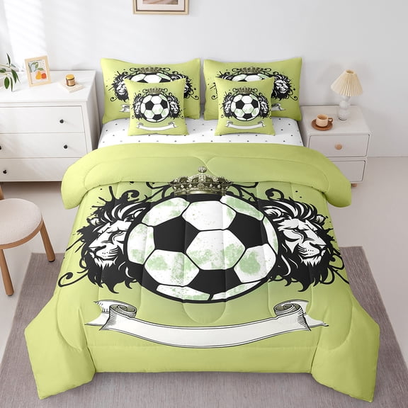 Erosebridal Soccer Sports Bedding Sets Twin Size,Ball Game Comforter Sets with Sheets,Green Black Bed in a Bag Twin Size For Teenager,Microfiber Gray Room Decor Reversible,7-Piece