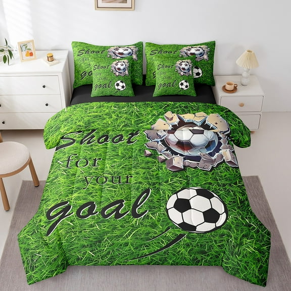 Erosebridal Soccer Sports Bedding Twin Size,Football Bed Set,Green Bedding Sets Twin Size For Teens, Lightweight Room Decor Reversible,7pcs