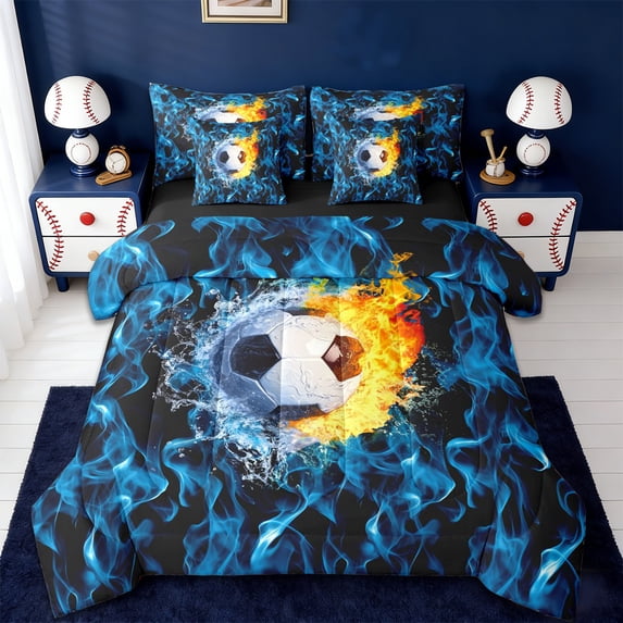 Erosebridal Soccer Theme 7-Piece Bedding Comforter Set,Boys Ball Sport King Bedding Sets For Kids,Reversible black