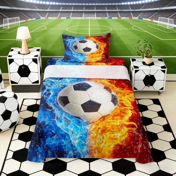 Erosebridal Soccer Twin Sheet Sets, Fire Water Sport Bedding for Men and Boys, 3-Piece, 1 Flat Sheet, 1 Fitted Sheet and 1 Pillowcase
