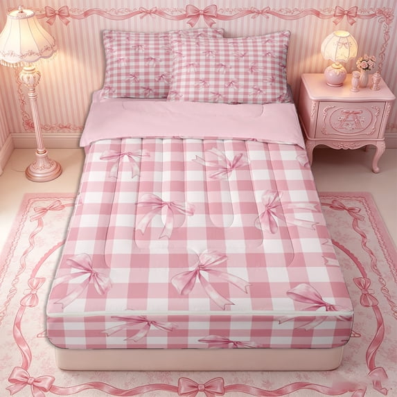 Erosebridal Soft Girl Watercolor Bow Zipper Twin Comforter Sets with Fitted Sheet and 2 Pillowcases,Pastel Checkered Base Zipper Bedding Set,Pink White,4-Piece,Pink Reversible