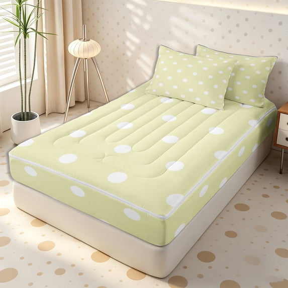 Erosebridal Soft Lime Polka Dot Zipper Twin Comforter Sets with Fitted Sheet and 2 Pillowcases,Micro Dot Reverse Side Print Zipper Bedding Set,Pale Yellow White,4-Piece,Reversible