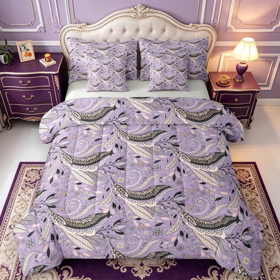 Erosebridal Soft Paisley 7pcs Queen Bedding,Purple Daisy Floral Bedding Comforter Set Queen,Light Gray Reversible