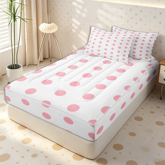 Erosebridal Soft Pastel Blush Dot Tile Zipper Twin Comforter Sets with Fitted Sheet and 2 Pillowcases,Matching Solid Secondary Block Zipper Bedding Set,Pink White,4-Piece,Pink Reversible