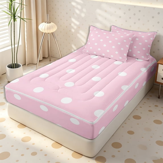 Erosebridal Soft Pastel Dot Grid Zipper Twin Comforter Sets with Fitted Sheet and 2 Pillowcases,Solid Plain Reverse Side Zipper Bedding Set,Blush Pink,4-Piece,Pink Reversible