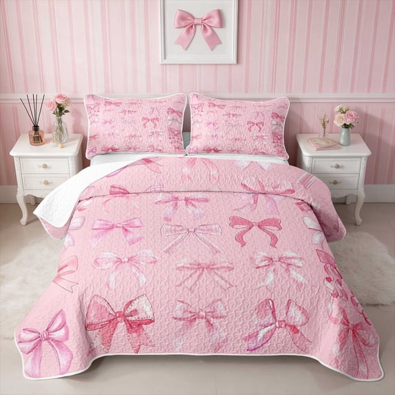 Erosebridal Soft Satin Bow Ribbon Quilt King for Girls, Romantic Floral Print King Coverlet Set, 3-Piece 1 Bedspread and 2 Pillowcases