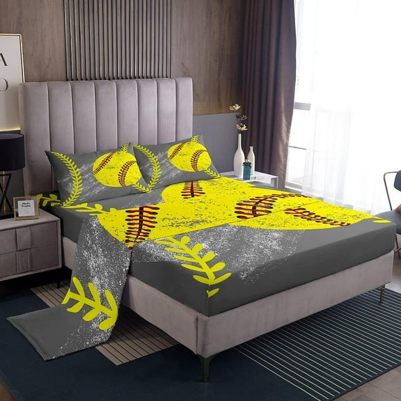 Erosebridal Softball Bedding Full Size,Softball Sheet Set All Season Soft,Baseball Bedding Set Youth Man Dorm Decor,Vintage Tie Dyed Fitted Sheet + Flat Sheet Soft + 2 Pillowcases