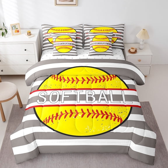 Erosebridal Softball Sport Bed in a Bag Twin Size, Gray Geometric Stripe Bed Set Microfiber 7 Pieces
