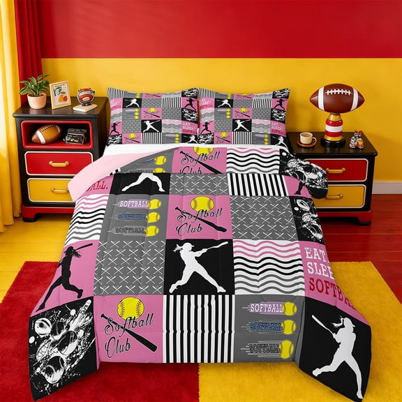 Erosebridal Softball Theme Bedding Twin Comforter Set,Sports Down Comforter,Pink Gray Checkered Bedding Sets Twin With Comforter, Lightweight Bedroom Decorative,2 Pieces Reversible