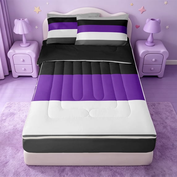 Erosebridal Solid Strip Zipper Twin Comforter Sets with Fitted Sheet and 2 Pillowcases,Purple Lines Print Zipper Bedding Set For Girls,Black Reversible,4 Pieces