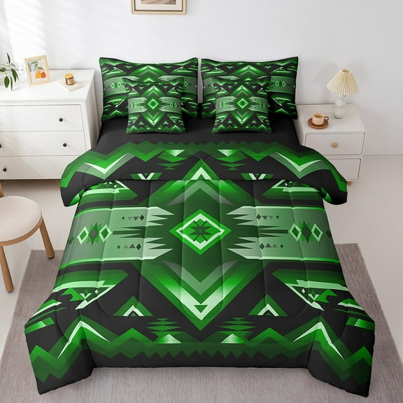 Erosebridal Southwest Desgin Bed in a Bag Twin Size,Green Aztec Theme Bed Set,Abstract Geometric Geometry Bedding Twin Size,Ultra Soft Room Decorative Reversible,7 Pieces