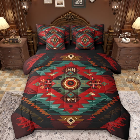 Erosebridal Southwest Desgin Bed in a Bag Twin Size,Red Aztec Theme Bed Set,Abstract Geometric Geometry Bedding Twin Size,Ultra Soft Room Decorative Reversible,7 Pieces