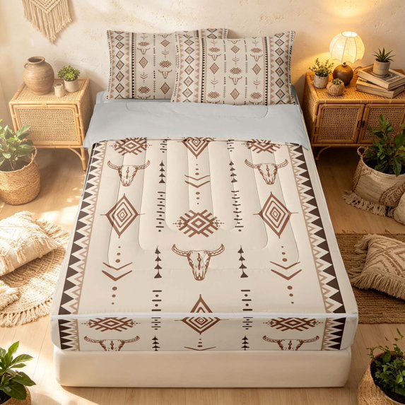Erosebridal Southwestern Aztec Zipper Queen Comforter Set with Fitted Sheet and 2 Pillowcases, Retro Geometric Zipper Bedding Set, Cream Brown, Gray Reversible