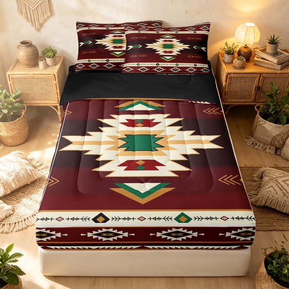 Erosebridal Southwestern Aztec Zipper Queen Comforter Set with Fitted Sheet and 2 Pillowcases, Retro Zipper Bedding Set, Burgundy Forest Green, Black Reversible