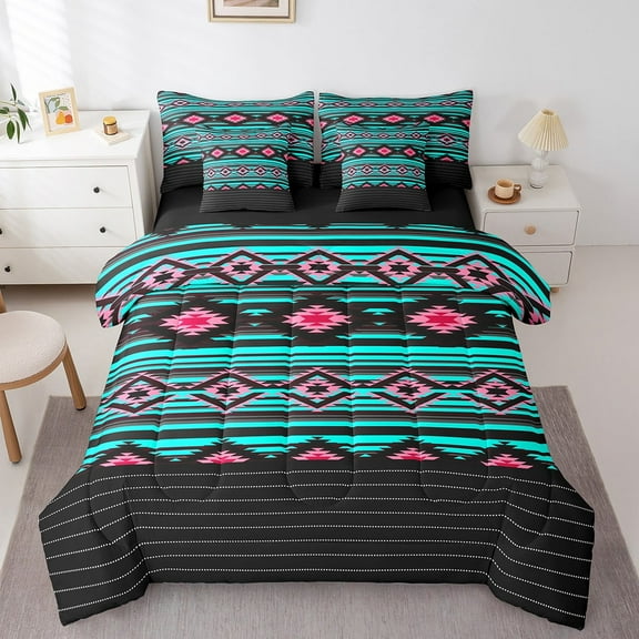 Erosebridal Southwestern Bedding Set Geometric Comforter Set With Sheets7 piece Tribal Bed in a Bag Twin Size American Design Blue Pink Bed Set with Comforter,Sheets,Pillowcases