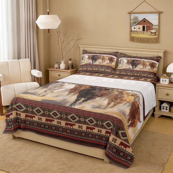 Erosebridal Southwestern Cattle Herd Full Size Sheets for Men and Women, Red Brown Tribal Bed Sheets, 4pcs, 1 Flat Sheet, 1 Fitted Sheet and 2 Pillowcases