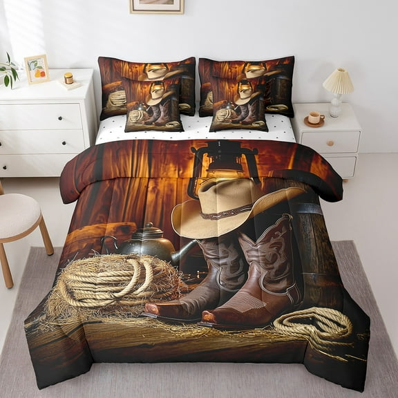 Erosebridal Southwestern Cowboy Bedding Sets Twin Size, Boots Hat Rope Comforter Sets with Sheets, Rustic Farmhouse Lodge Cabin Bedding Accessories, Super Cozy Room Decoration, Reversible 7pcs