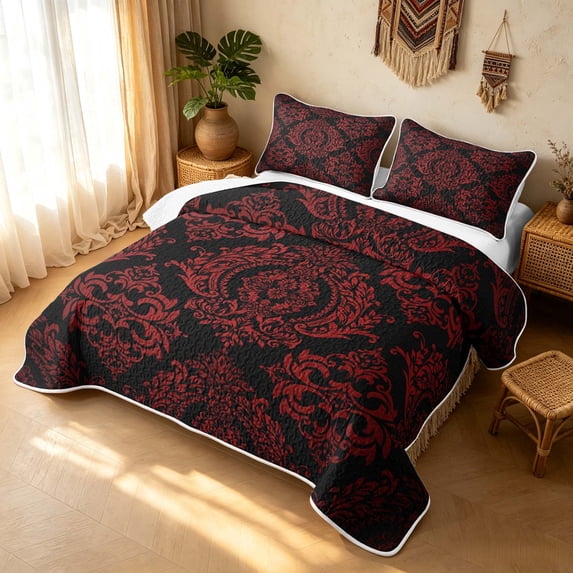 Erosebridal Southwestern Damask Quilt King, Retro Floral King Coverlet Set, Red Black 3-Piece, 1 Bedspread and 2 Pillowcases