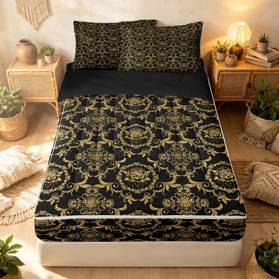 Erosebridal Southwestern Damask Zipper Full Size Comforter Sets with Fitted Sheet and 2 Pillowcases, Retro Blossom Zipper Bedding Set, Black Gold, Black Reversible